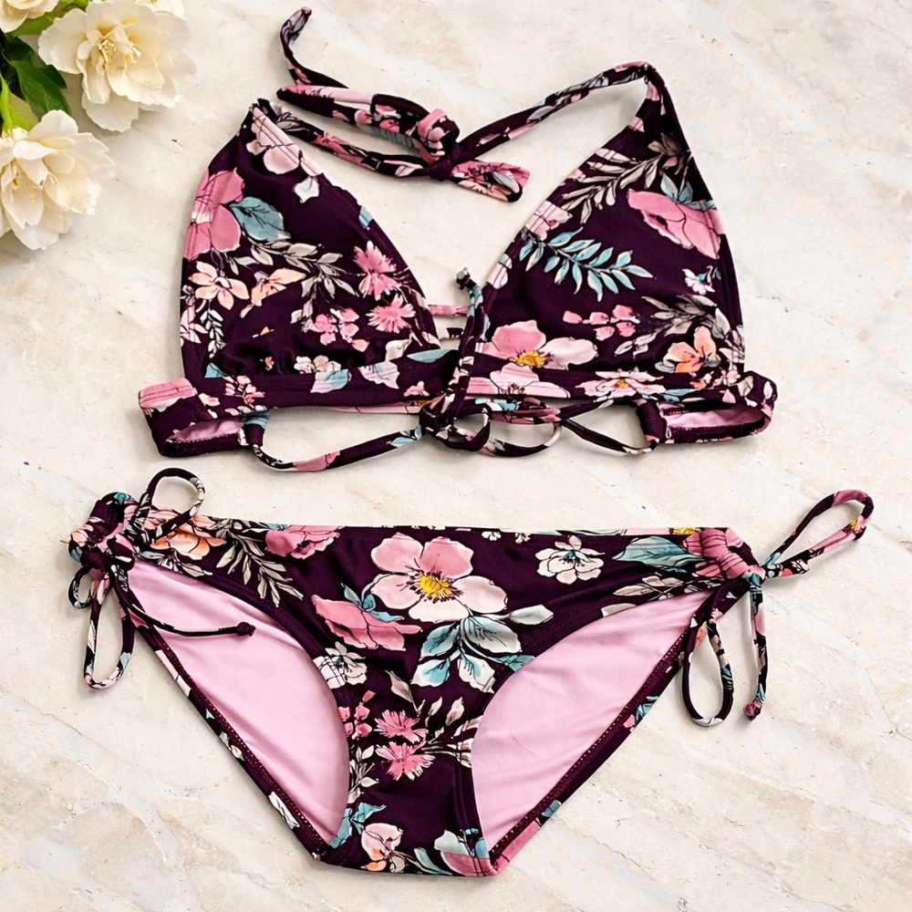 Kona Sol Floral Bikini Set Medium Burgundy Pink Tie Side Halter - Picture 2 of 15